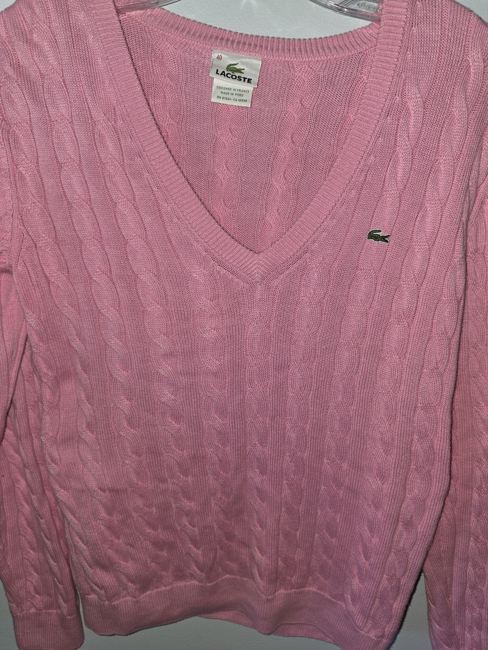 Lacoste Women's Pink Cable-Knit V-Neck Sweater
